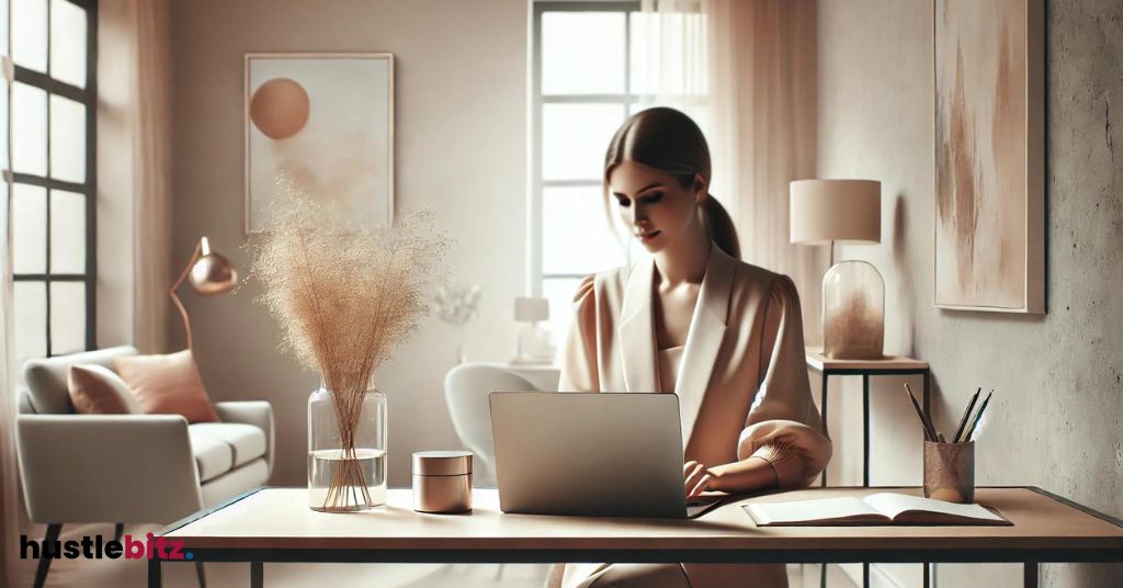 A woman facing and using laptop inside the room