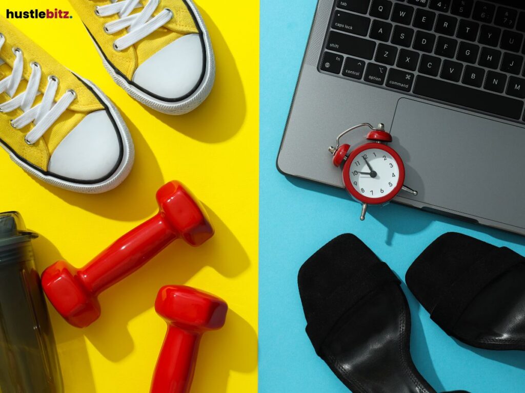Yellow sneakers and red dumbbells next to black heels and a laptop.