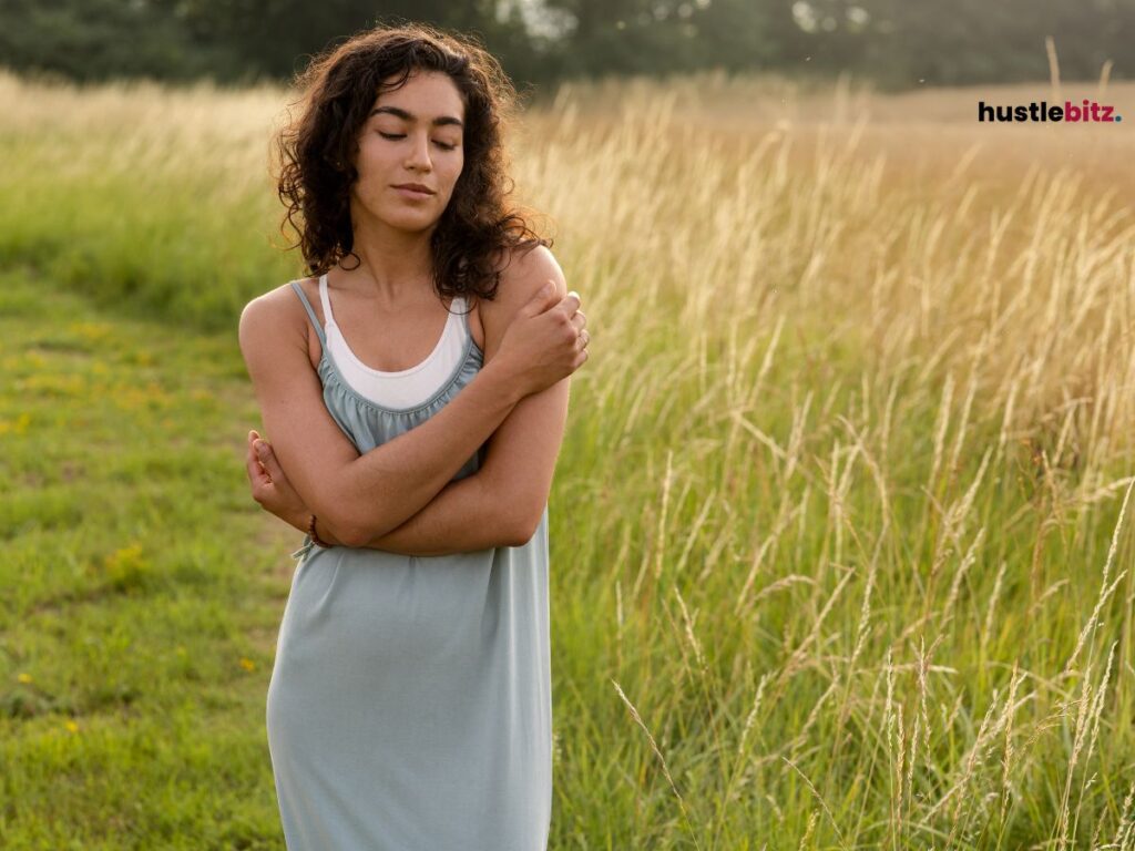 Woman in a field, embracing herself, eyes closed in reflection.