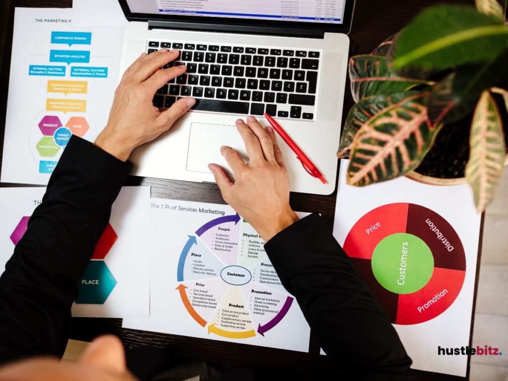 A person working on a laptop with marketing plans.