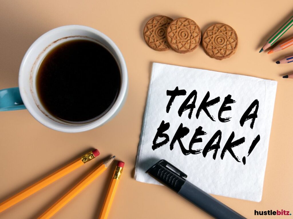 Coffee, cookies, and pencils with a "Take a Break" note on a napkin.