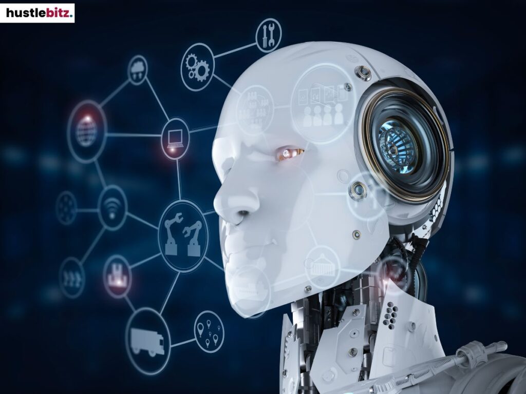 Futuristic robot head with digital network icons.
