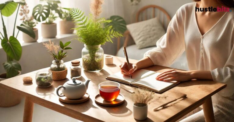 a woman in the table doing writing and a tea