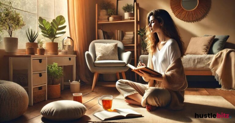 A woman writing in the book inside the room
