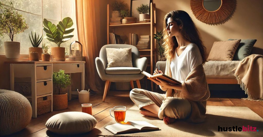 A woman writing in the book inside the room