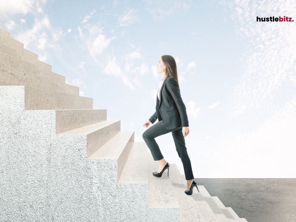 A woman climb the stairs