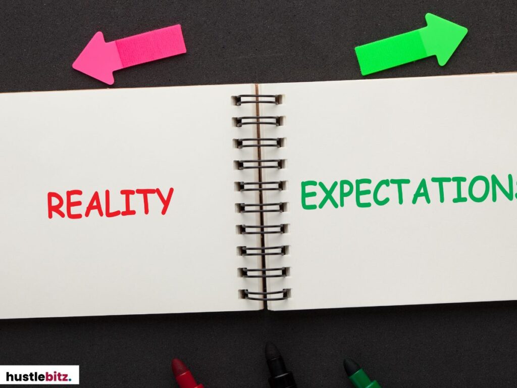 A notebook with 'Reality' and 'Expectation' written, with arrows pointing in opposite directions.