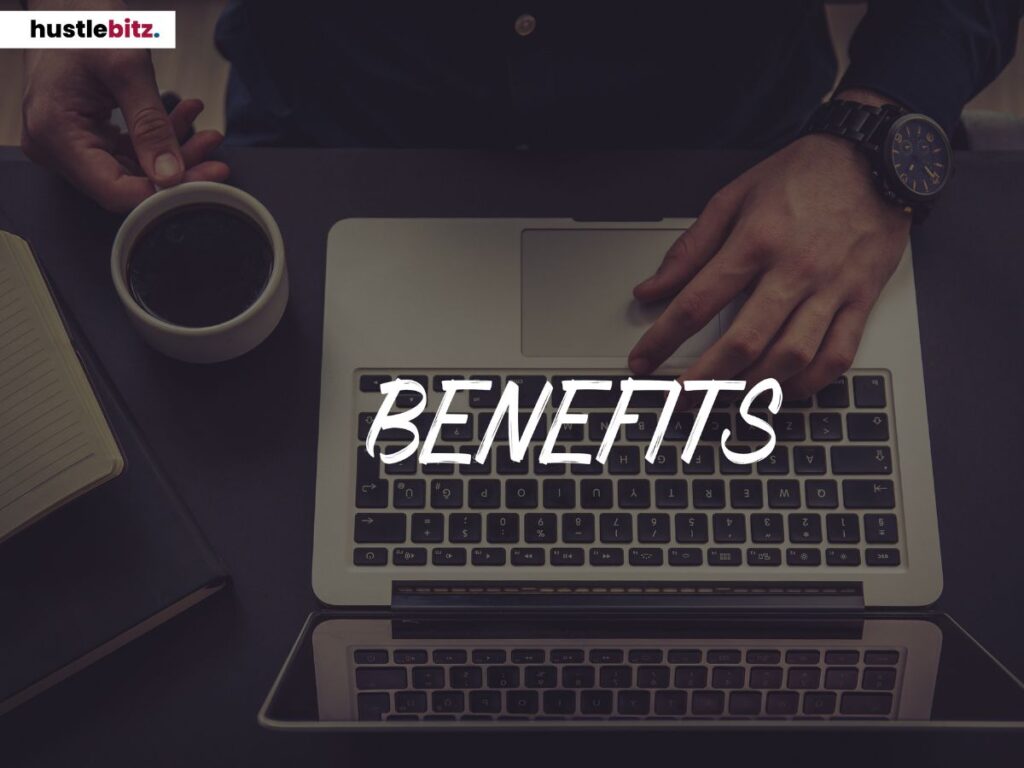 The word "BENEFITS" overlaid on a laptop with a person holding a coffee cup.