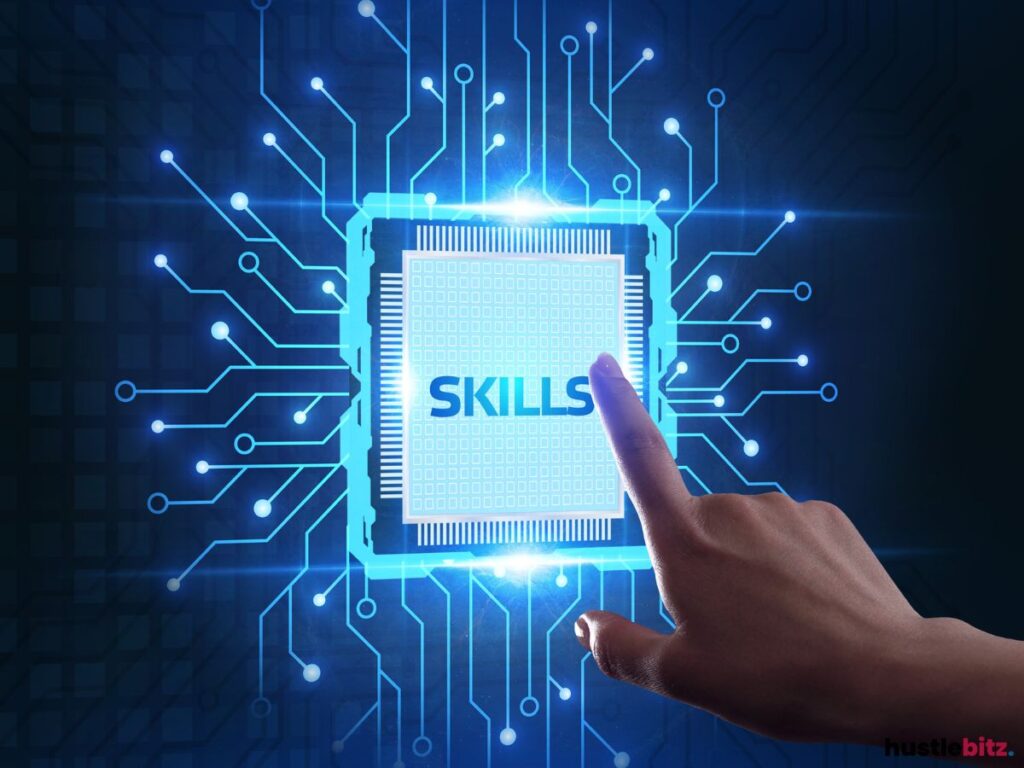 A hand pressing a glowing CPU with a text written " SKILLS"