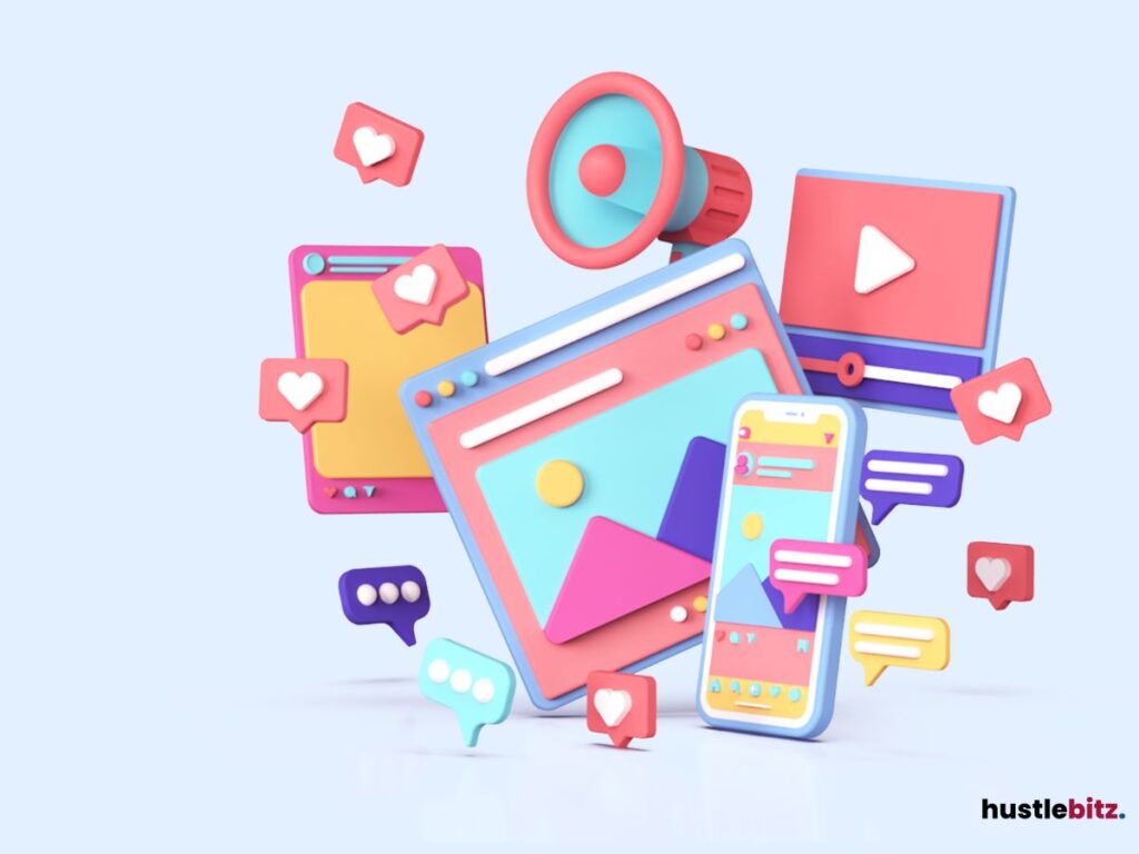 Colorful icons of social media interactions, including hearts and messages.