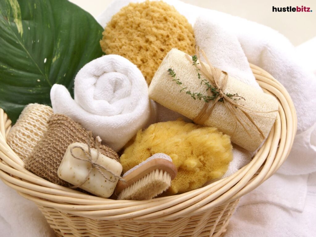 Spa items, including towels and brushes, arranged in a basket.