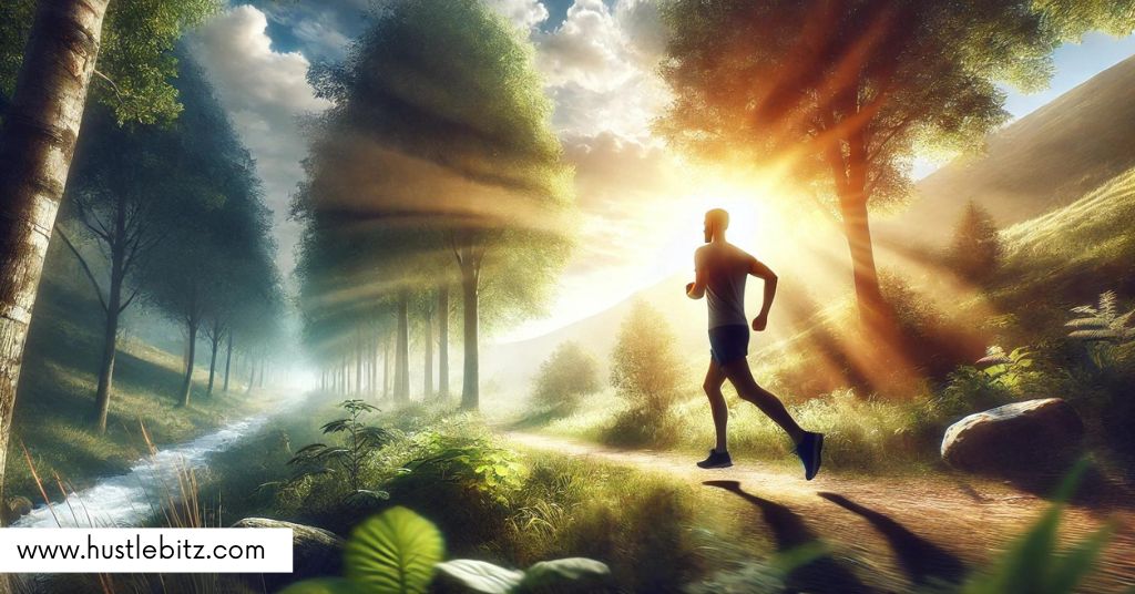 a man running and a nature background