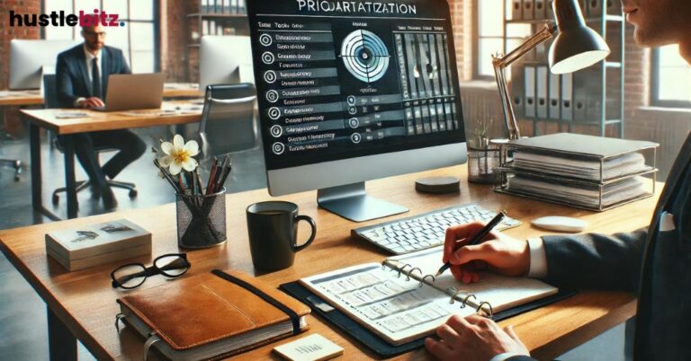 Close-up of a desk with a notebook, computer, and productivity chart.