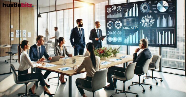 A professional team in a meeting room analyzing charts and data on a screen.