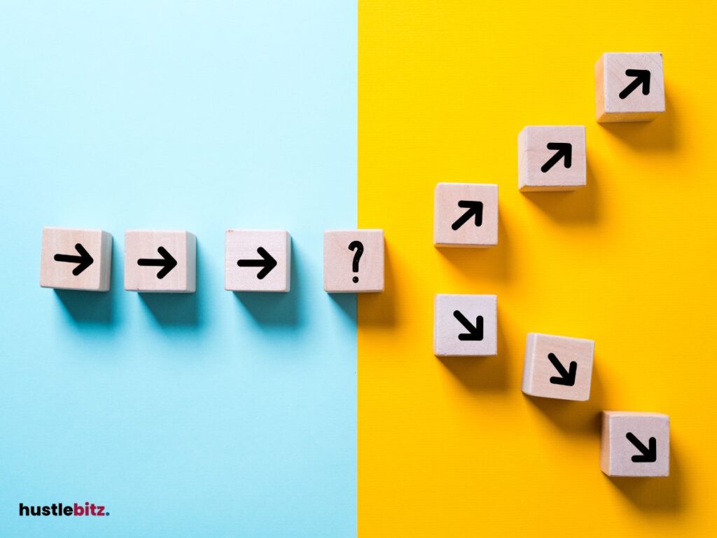 Wooden blocks with arrows split between a linear and a scattered path over a two-toned background.