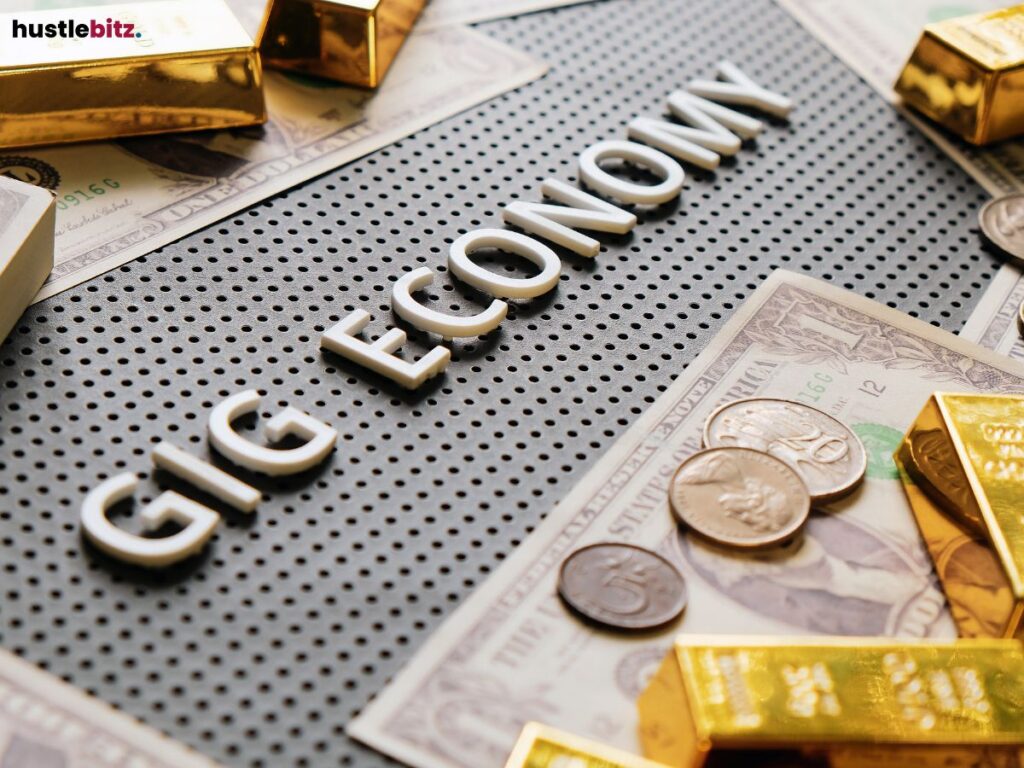 A sign displaying "Gig Economy" surrounded by currency and gold bars.