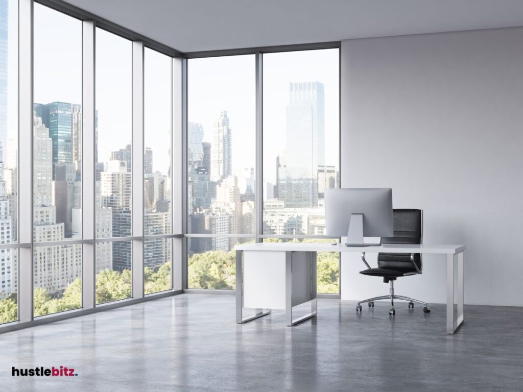A workspace with table, monitor and a environment background