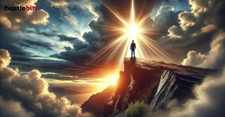 A person stands on a cliff at sunset, light breaking through clouds