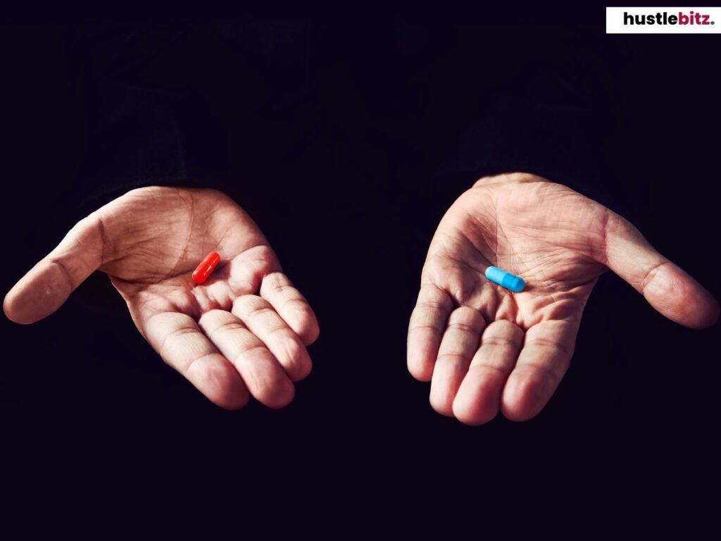 Hands holding two capsules on both hands, one is red and one is blue.