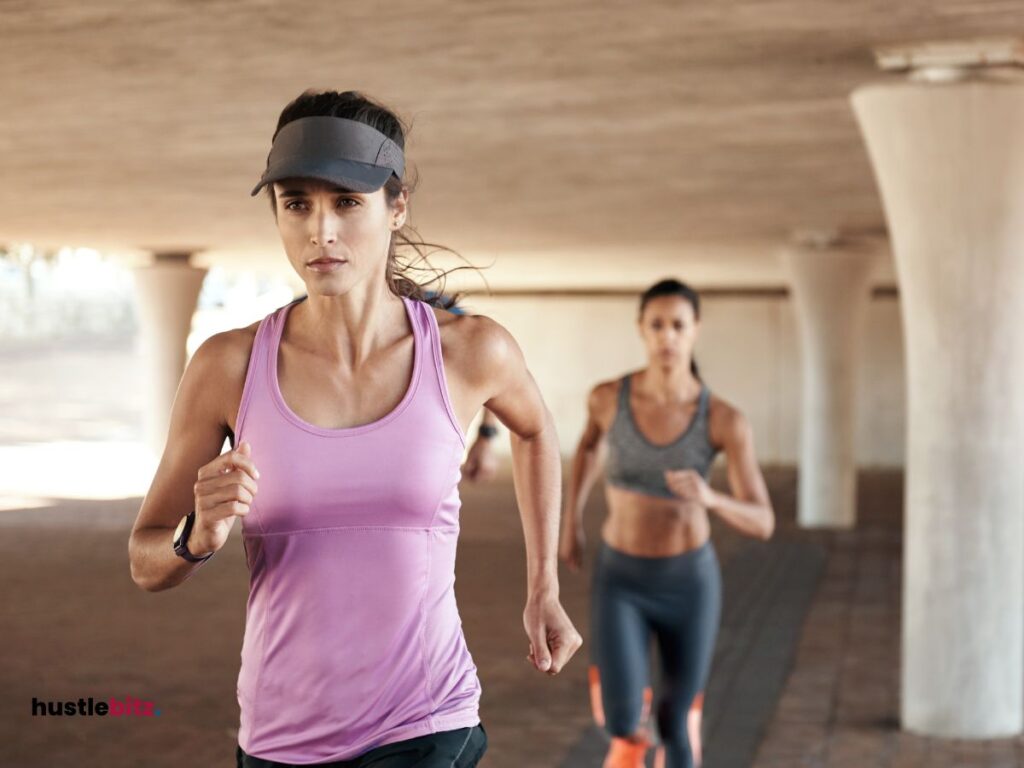 two women running