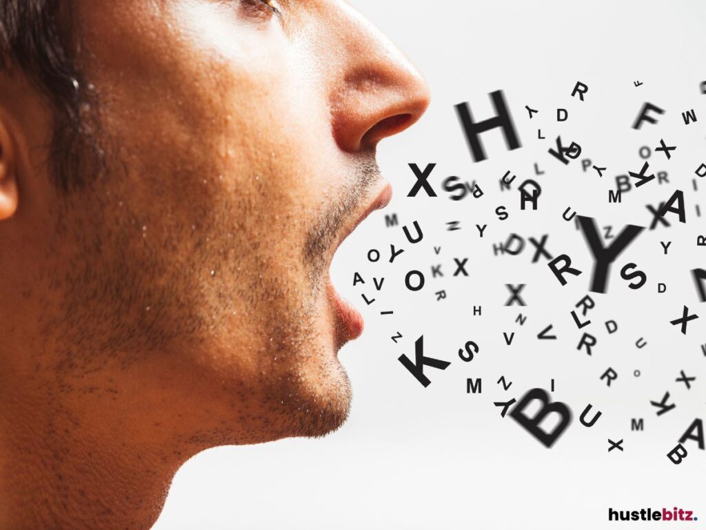 A person speaking with letters and symbols flowing out of their mouth.