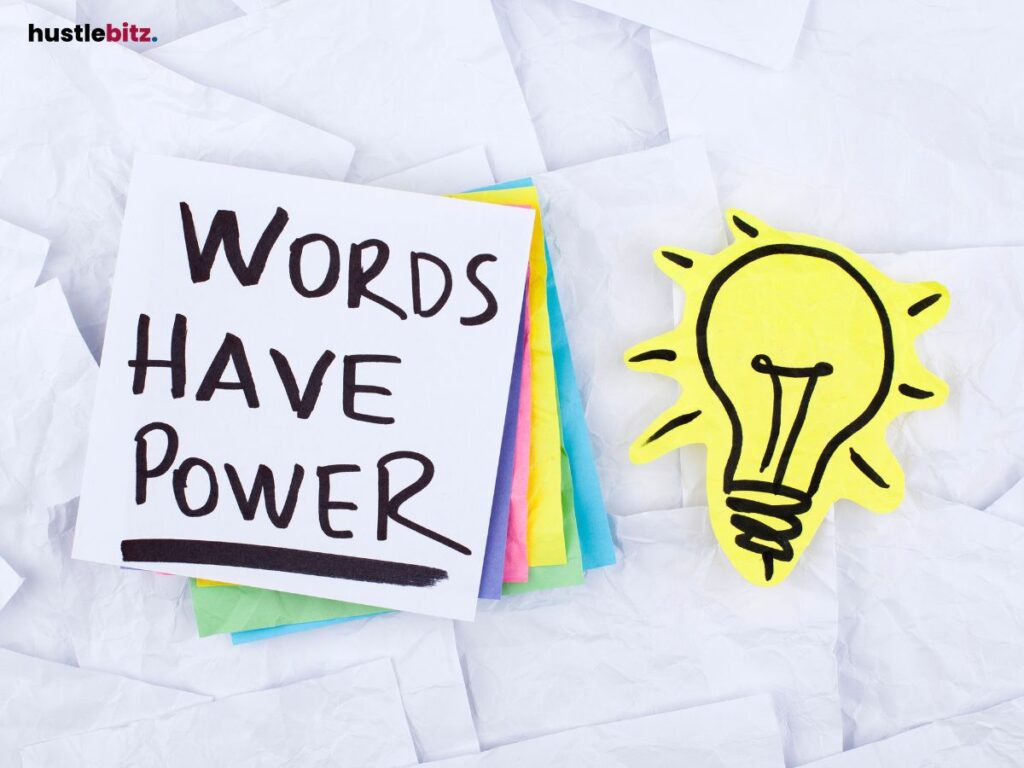 "Words Have Power" written on a sticky note with a drawn lightbulb icon.