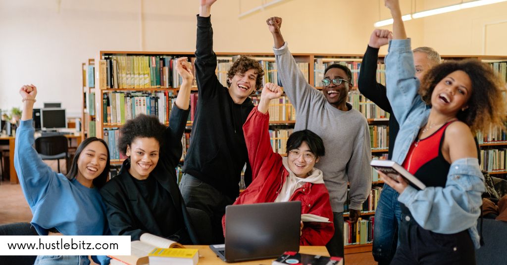 A group of student inside the library and smiles while taking picture