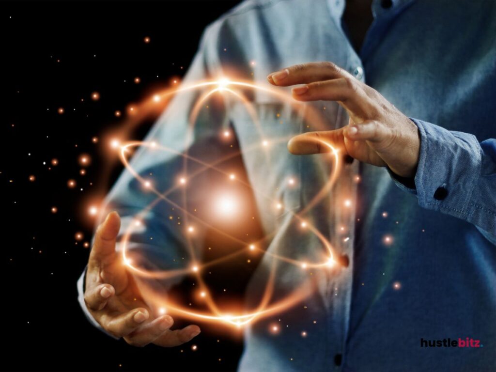 A man holding a atom nuclear energy