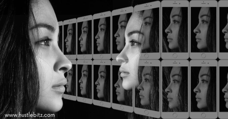 A woman's profile is mirrored on phone screens, showing repeated reflections.