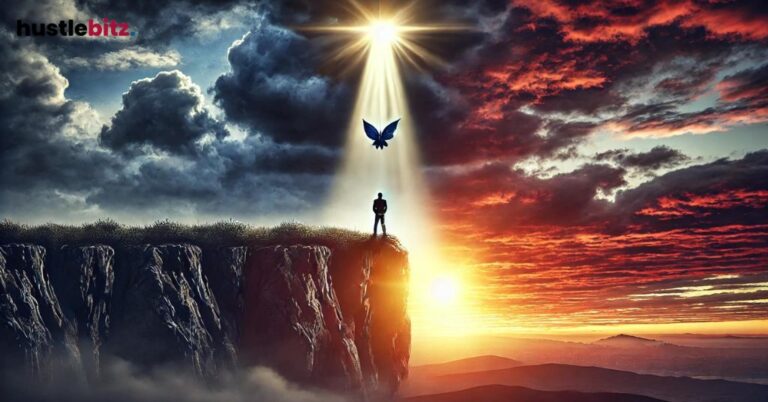 A person on a cliff at sunrise with light breaking through clouds