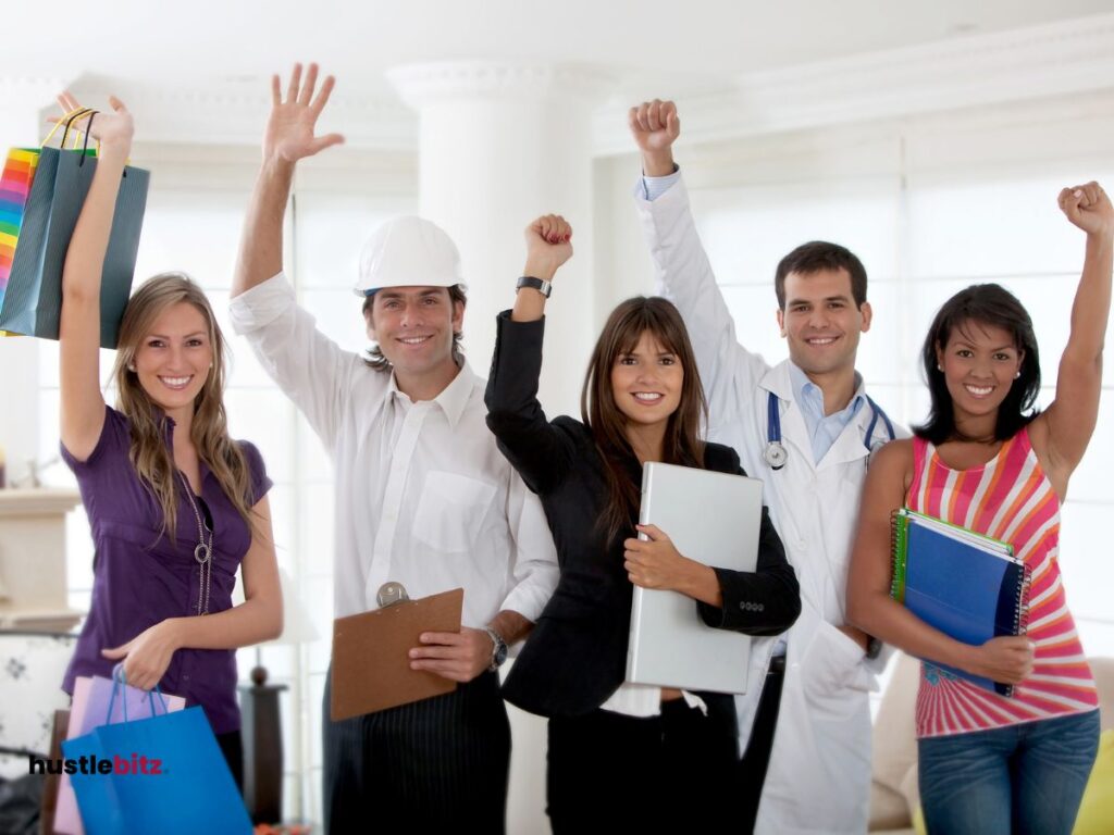 group of people up their hands and holding different things