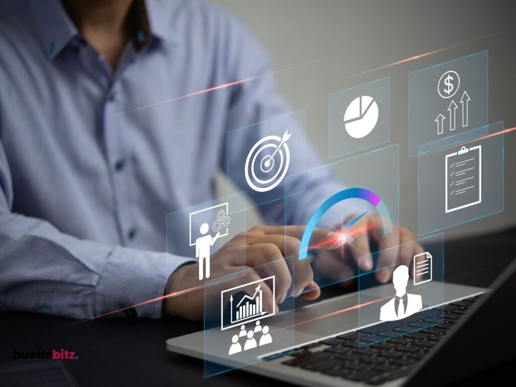 Different icons for business and a man clicking the keyboard of a laptop