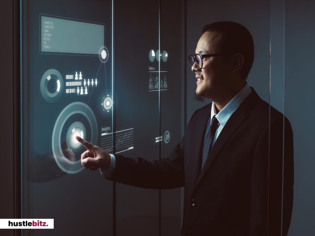 A businessman interacts with advanced digital analytics on a futuristic screen.