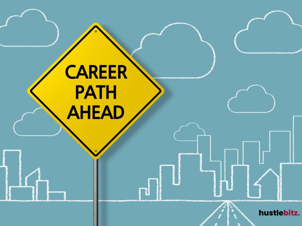 A yellow traffic signage with a word "CAREER PATH AHEAD" written.