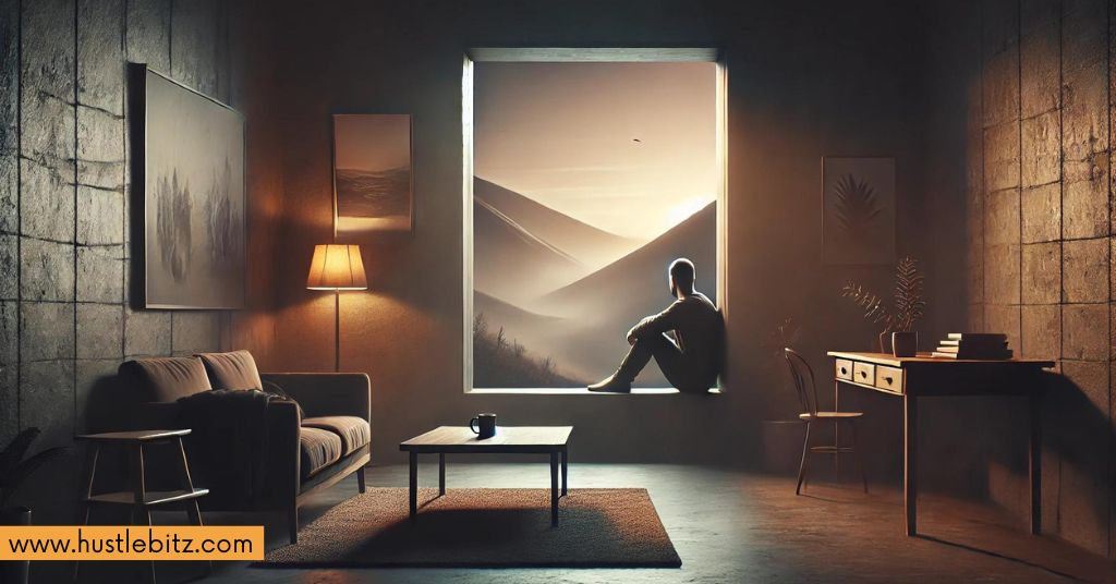 A man sits by a large window with a desert view inside a cozy room.