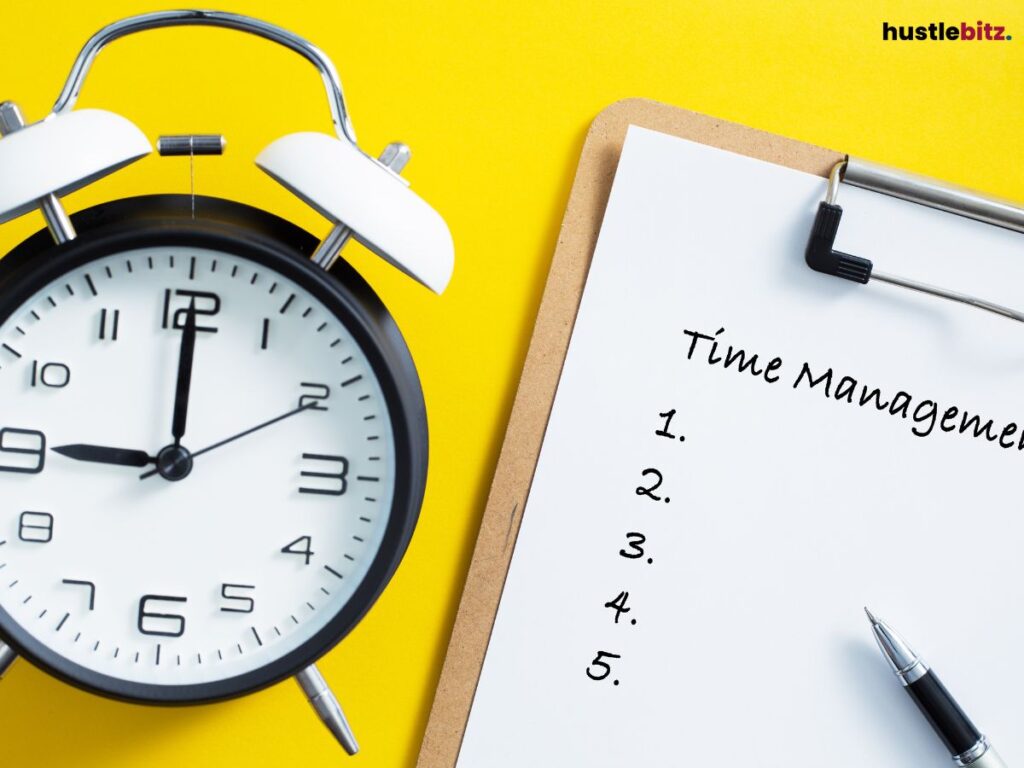 A clipboard with a time management list next to an alarm clock on a yellow background.