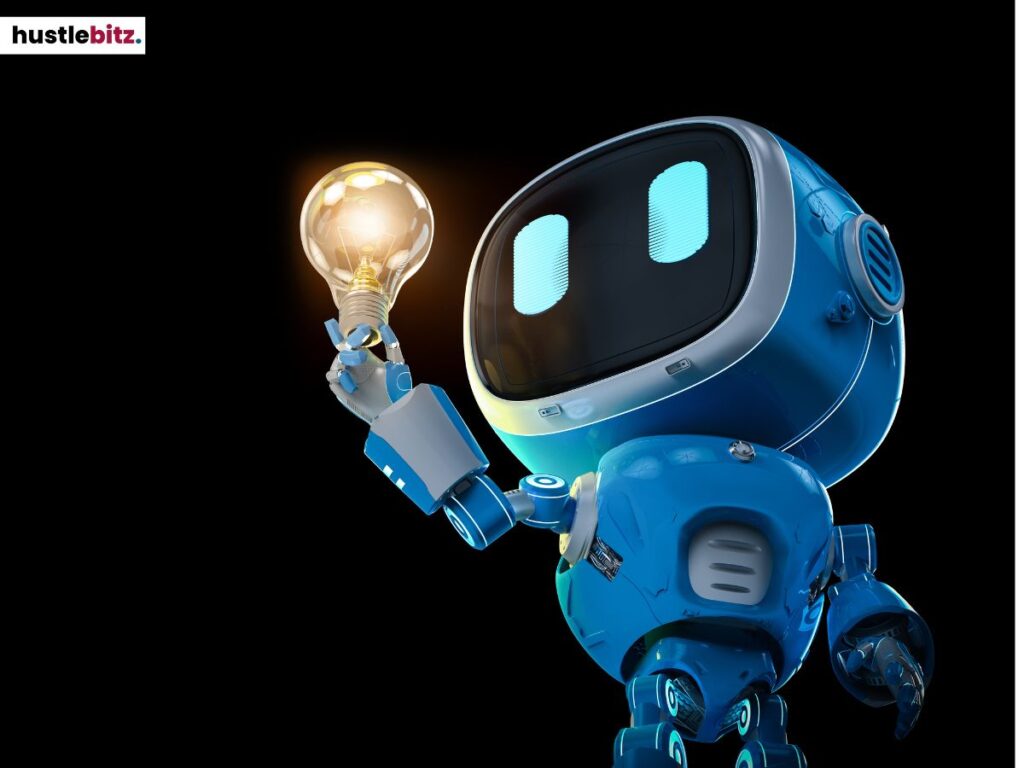 Blue robot holding a glowing lightbulb on a black background.