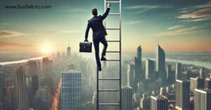 A man holding a brief case climbing the ladder