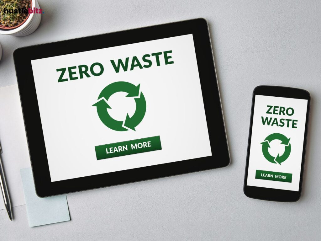 Digital devices display "Zero Waste" signs, promoting eco-friendly practices.