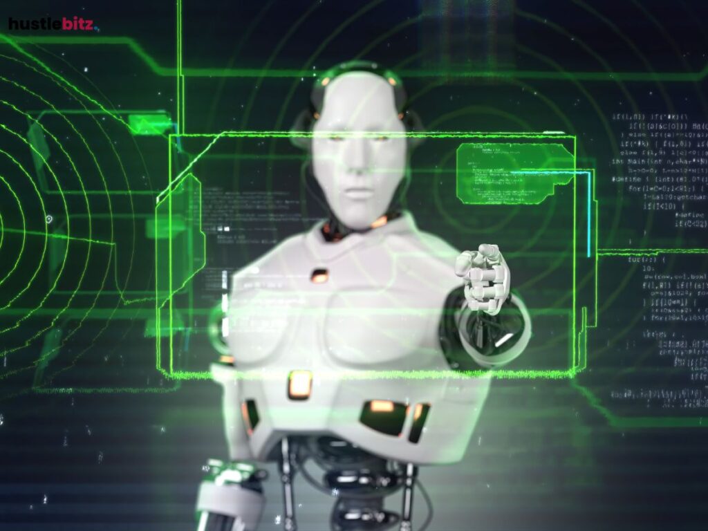 Futuristic robot with green holographic interface pointing forward.