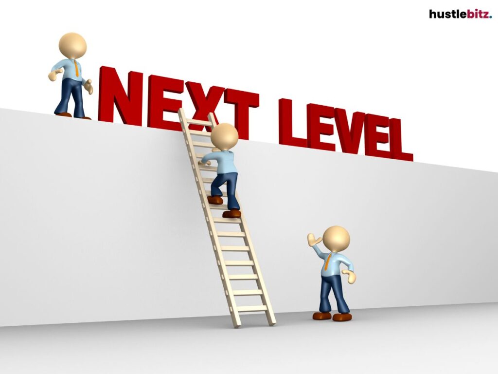 A human icon climb at the stairs and the word next level