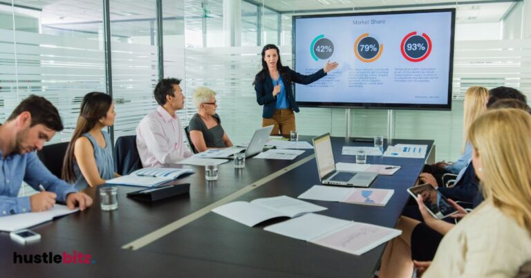 A woman presenting market share data to a team in a modern conference room.