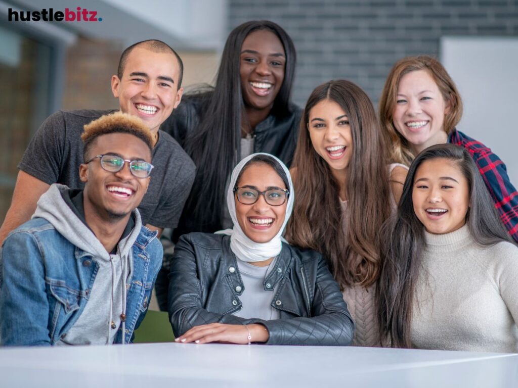 A group of friends smiling together, expressing joy and unity.