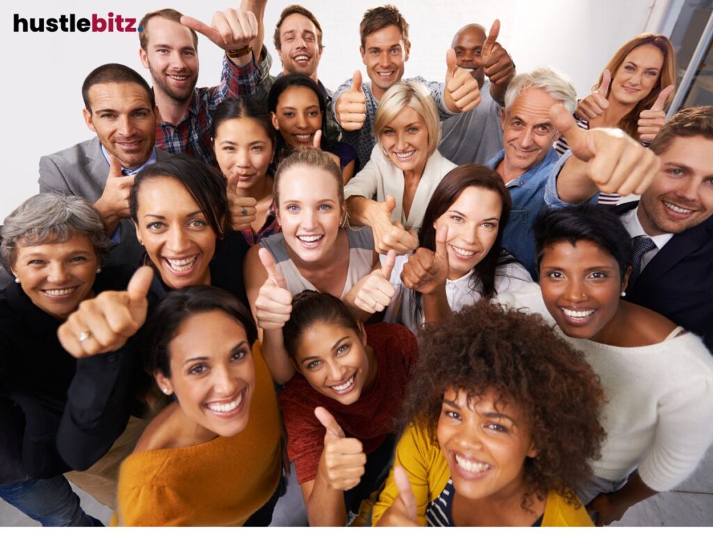 A large group giving thumbs up, radiating positivity and encouragement.