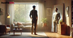 A man stands in a living room, reflecting on his image in a large mirror.