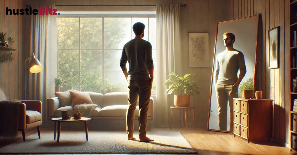 A man stands in a living room, reflecting on his image in a large mirror.