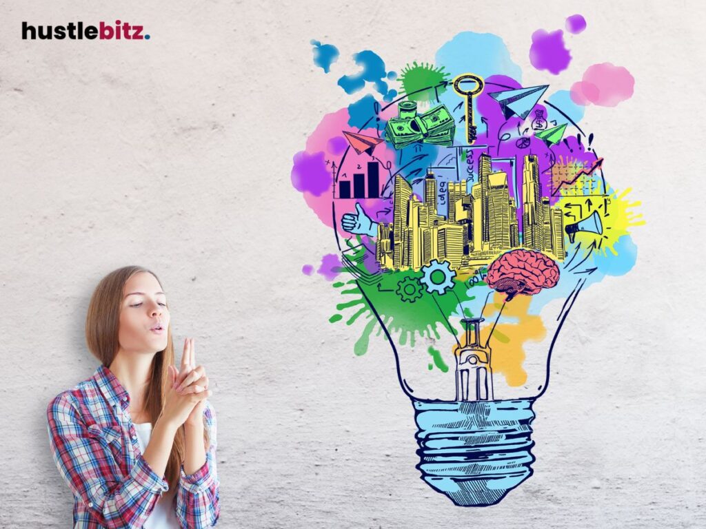 Woman with fingers in a gun pose, colorful lightbulb art in the background.