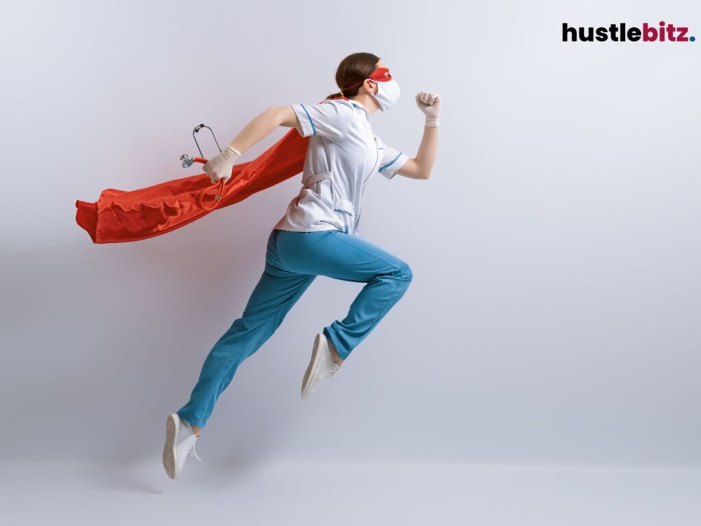 A nurse wearing a superhero cape and mask, running with a stethoscope in hand.
