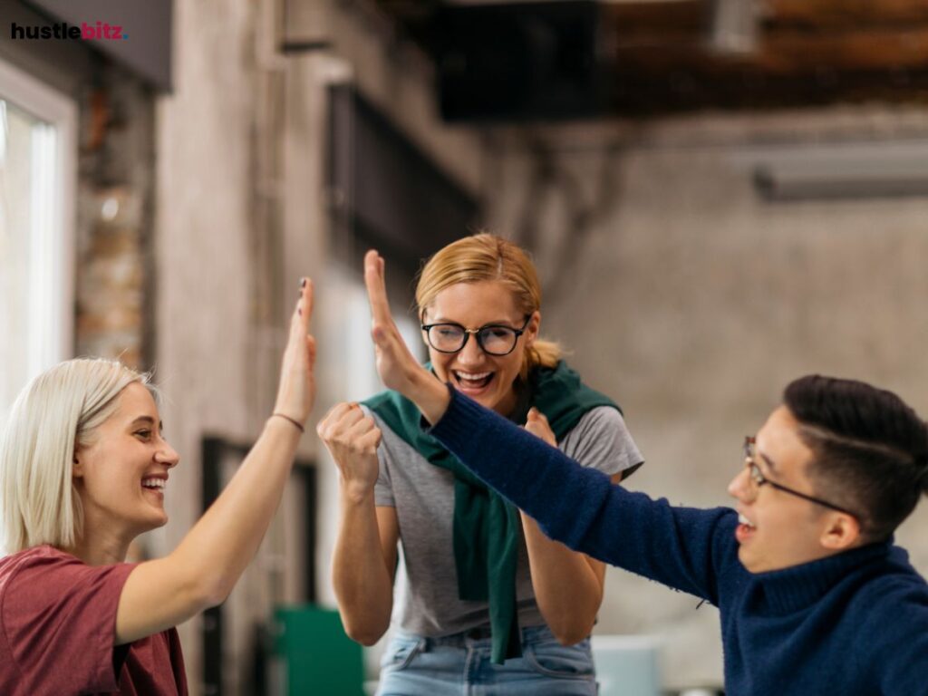 Three people doing playing and smiles