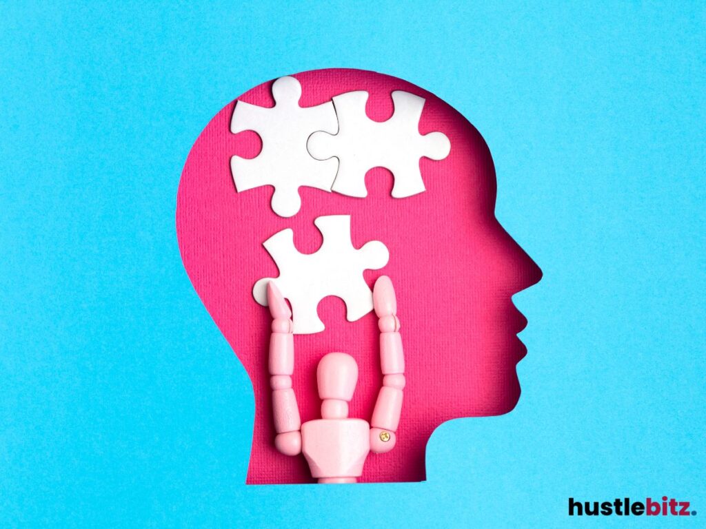 Figure placing puzzle pieces into a brain-shaped cutout.